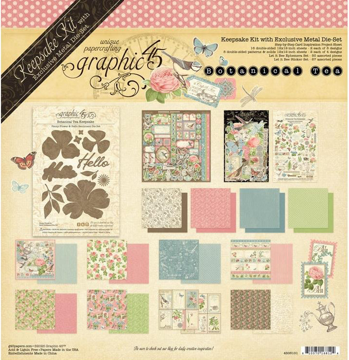 Graphic 45 scrapbooking kit with various paper designs and embellishments on a beige background.